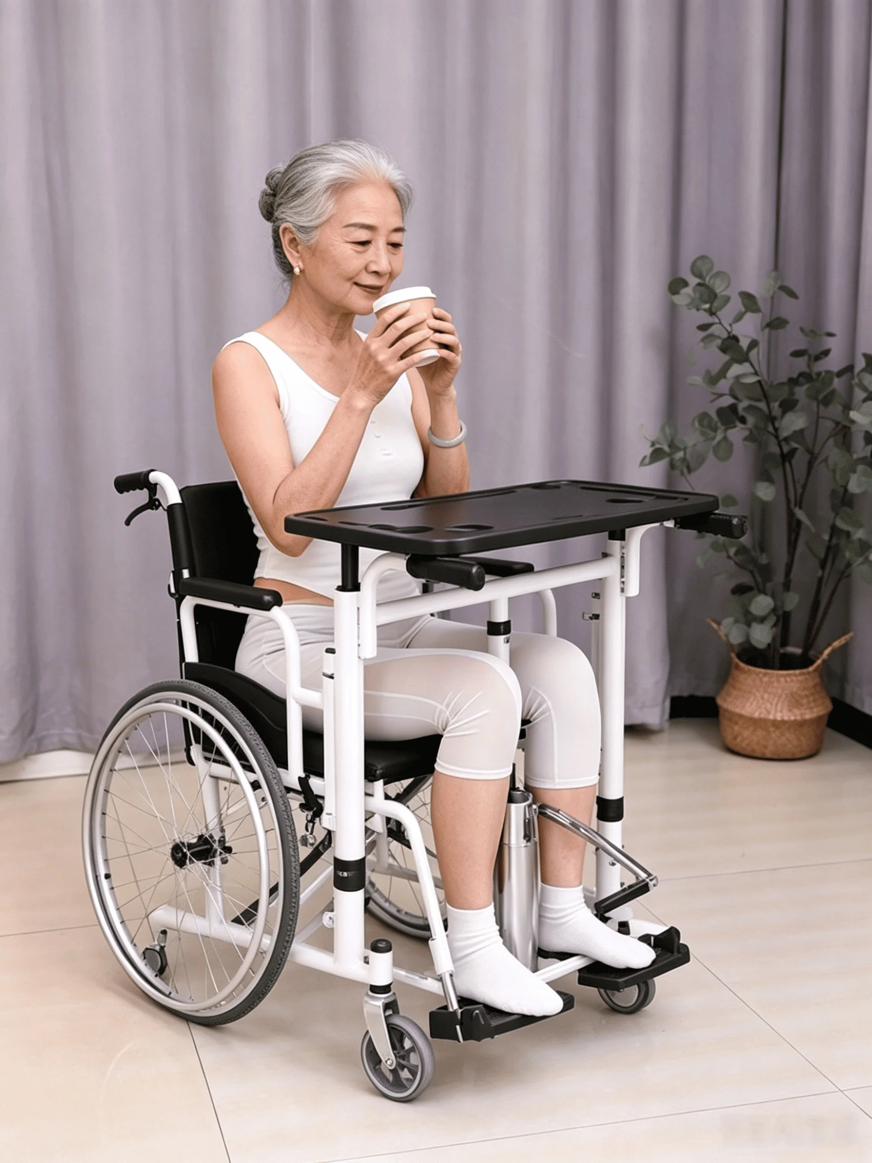 Close-up of integrated dining table on transfer chair